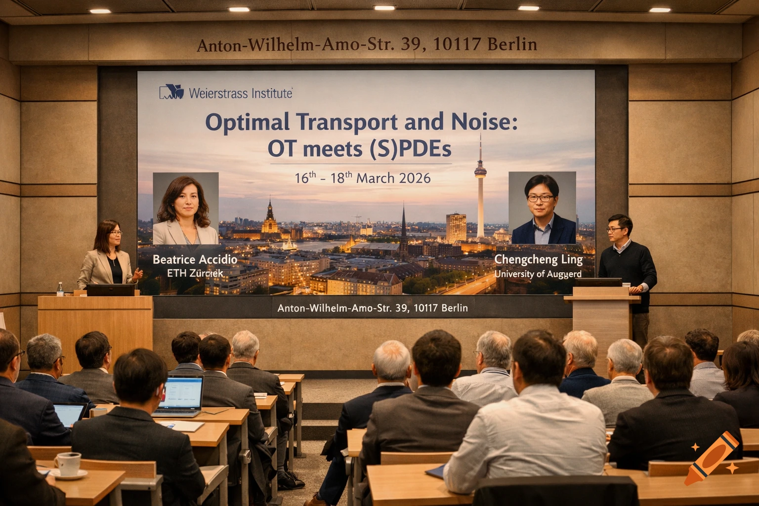 A photorealistic image of a conference room with an audience watching two speakers at podiums in front of a large screen displaying the "Optimal Transport and Noise" workshop title, speaker photos, and a Berlin skyline.