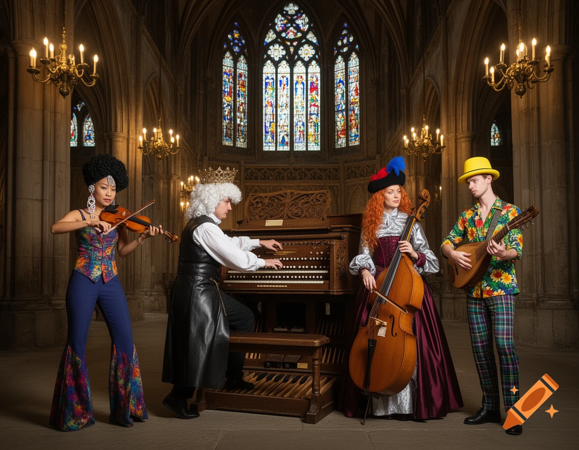 Four musicians in eclectic period and modern attire playing a violin, organ, viola da gamba, and theorbo inside a grand church with stained glass windows.