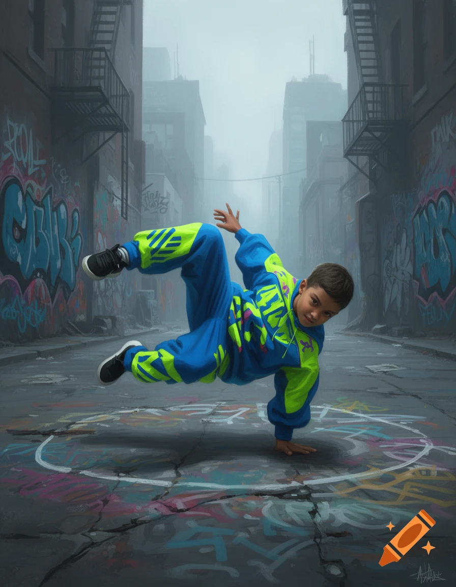 A young boy breakdancing in a vibrant blue and neon green tracksuit, balancing on one hand in a graffiti-filled alleyway.