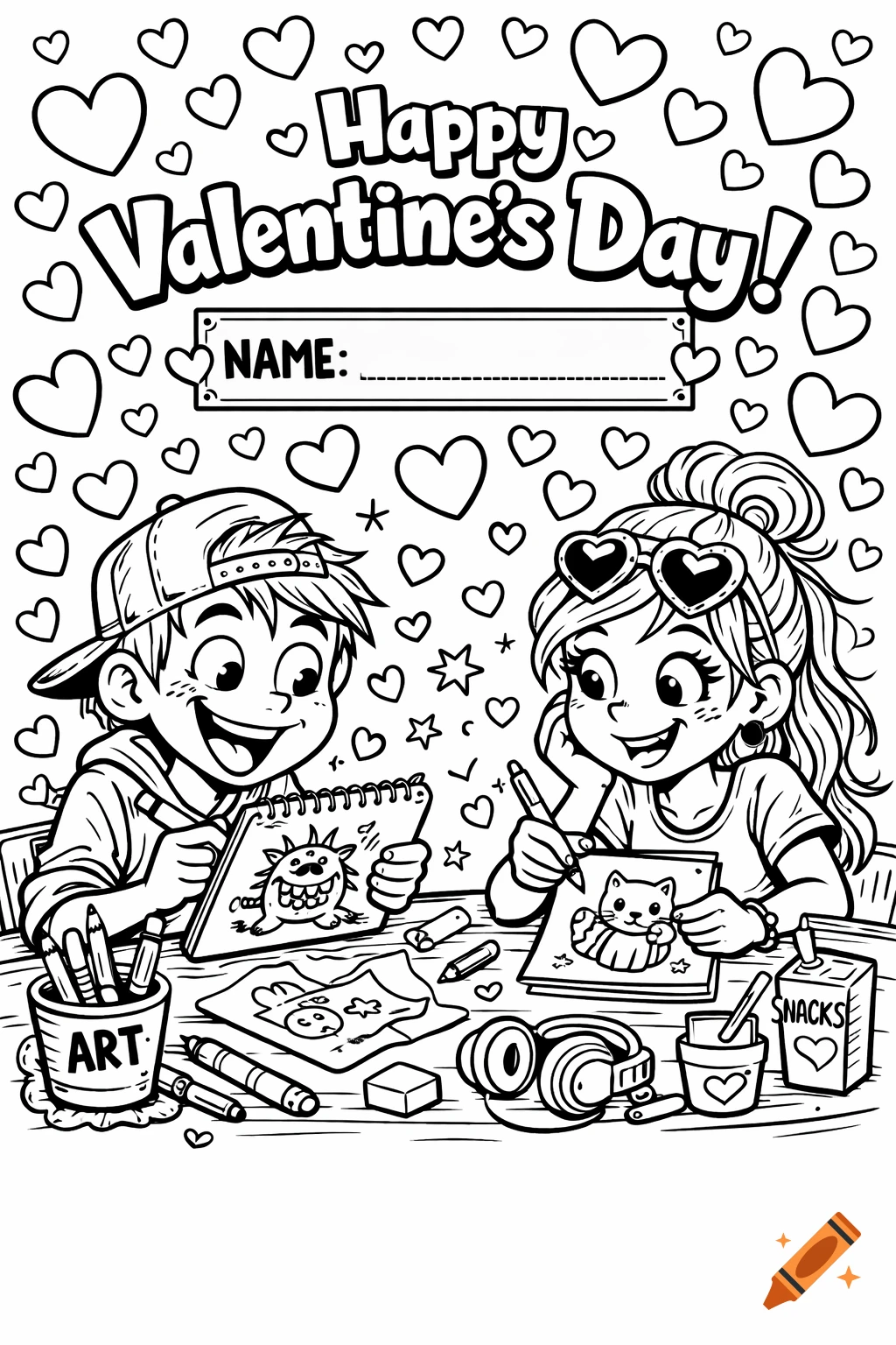 Black and white Valentine's Day coloring page with two smiling children drawing at a table, surrounded by hearts and text 'Happy Valentine's Day!' and 'NAME:'.