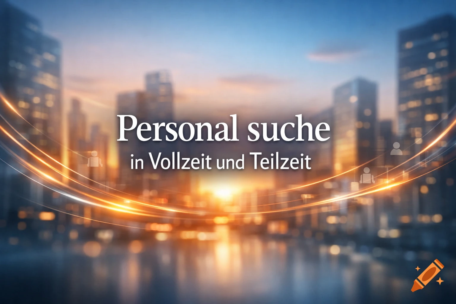 Photorealistic blurry city skyline at sunset with glowing lines and the text 'Personal suche in Vollzeit und Teilzeit'.