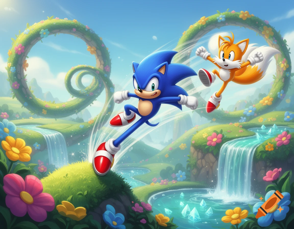 Sonic and Tails run through a vibrant, cartoon fantasy landscape with waterfalls, floral loops, and glowing crystals under a blue sky.