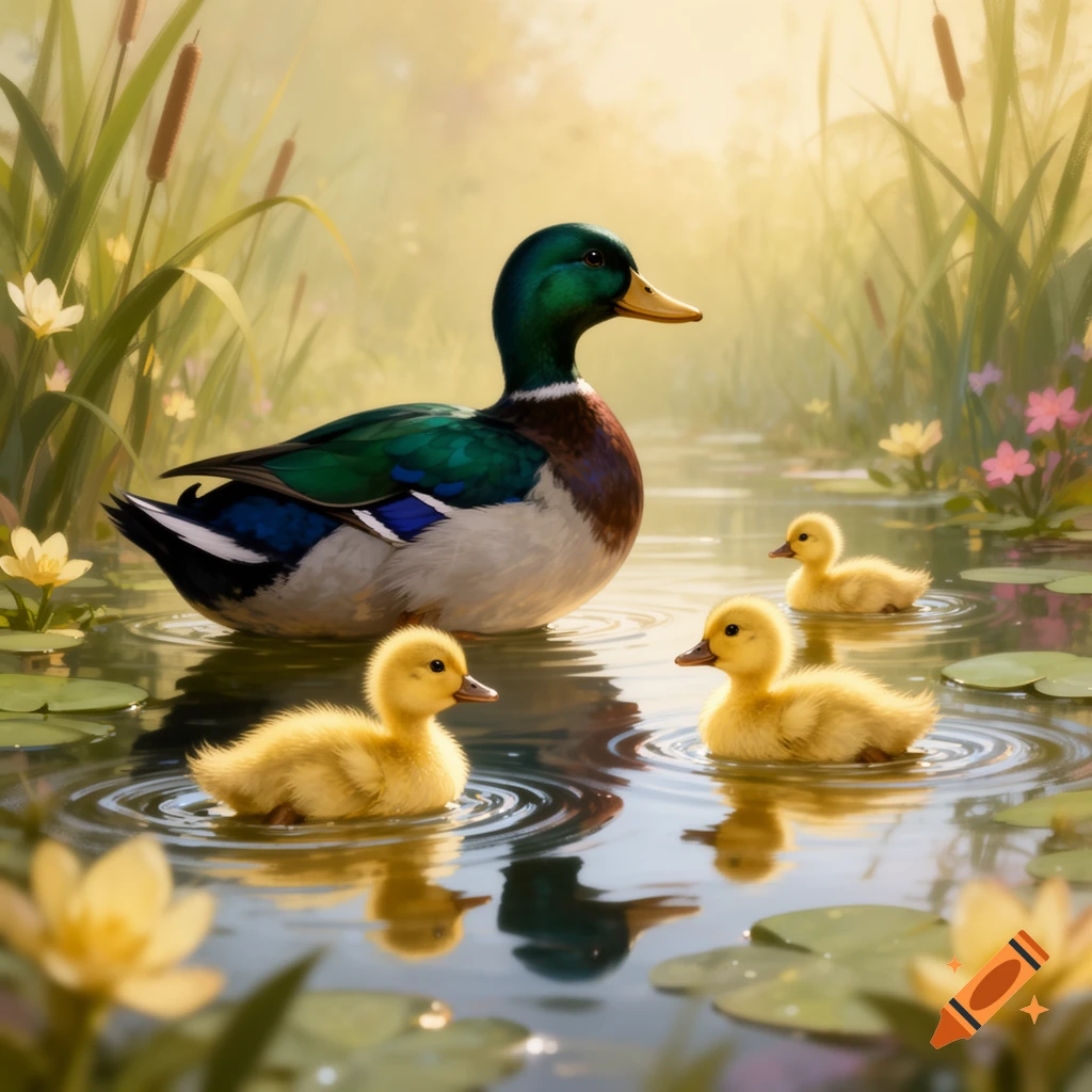 A mother mallard duck and three fluffy yellow ducklings swim peacefully in a pond surrounded by lily pads and tall reeds under a golden light.