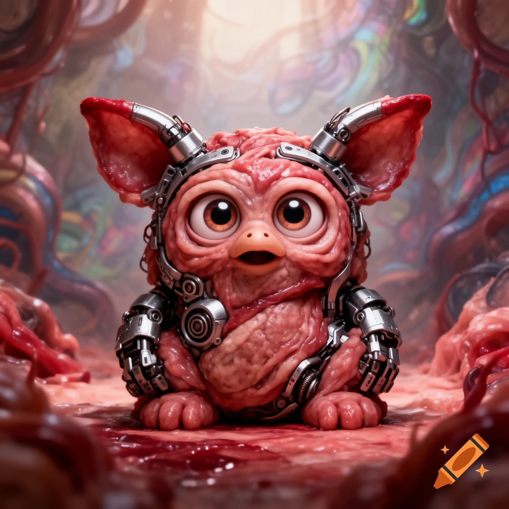 A grotesque Furby-like creature made of raw meat and metal sits on a fleshy, blood-stained surface in a disturbing organic environment.