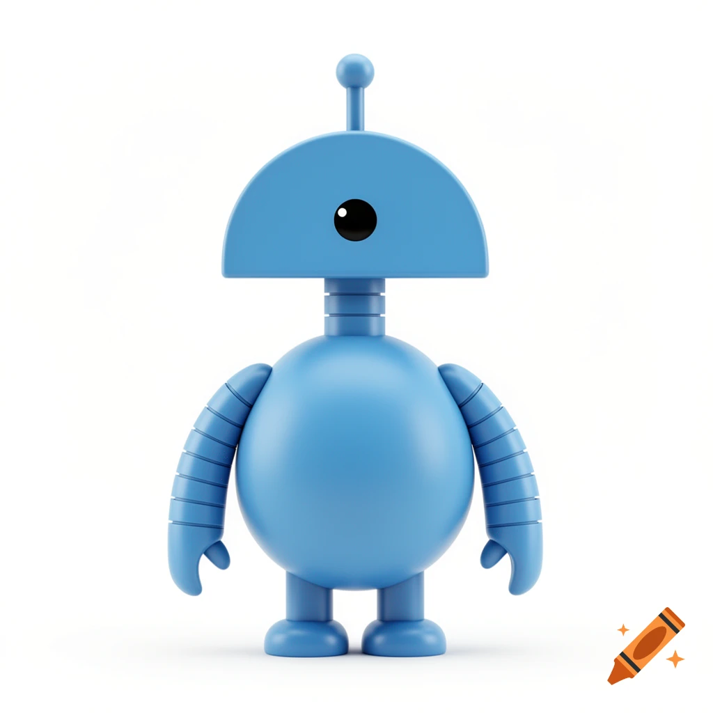 A cute, blue 3D cartoon robot with a round body, a semi-circular head with one eye, ribbed arms, and an antenna, on a white background.