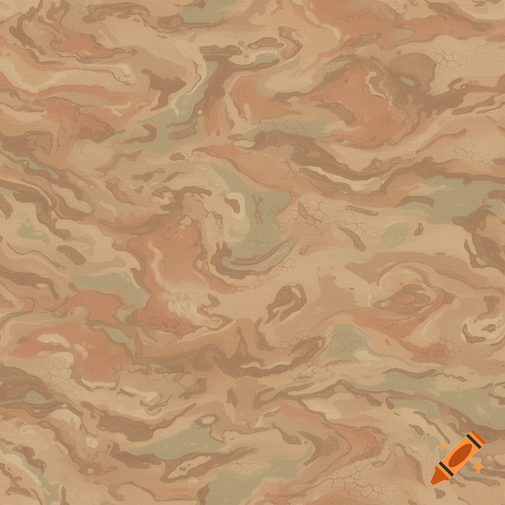 An abstract camouflage pattern with swirling shapes in shades of desert tan, brown, orange, and muted green.