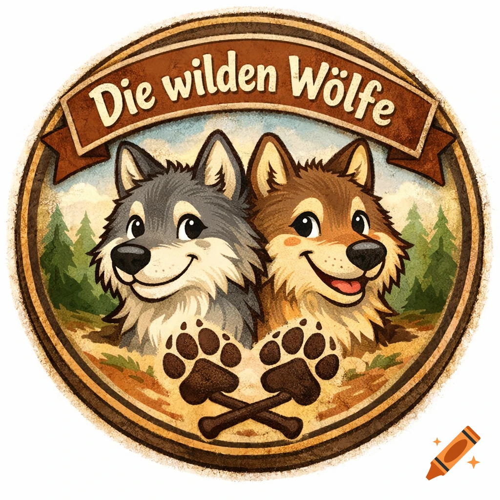 A round cartoon badge featuring two friendly wolves, crossed paw prints, and the text 'Die wilden Wölfe' over a forest background.