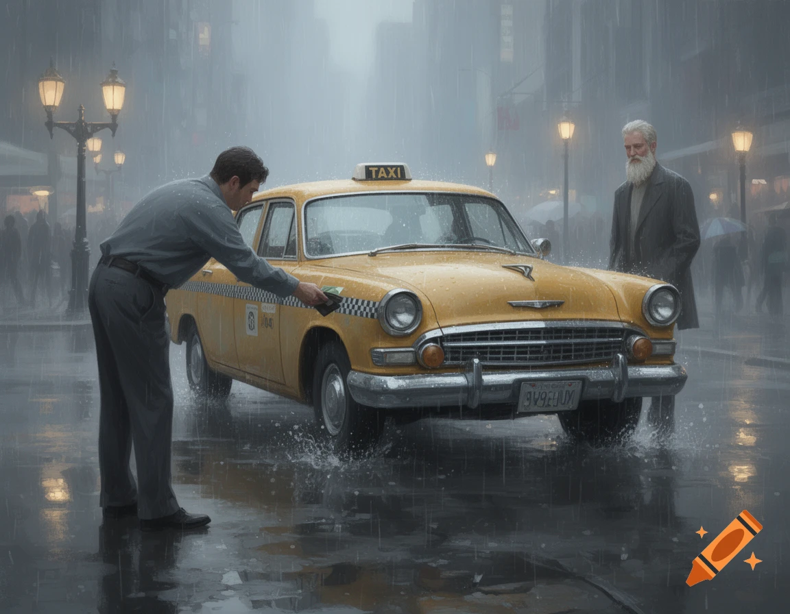 A man pays a vintage yellow taxi during a heavy rainstorm on a city street, with another man standing nearby.