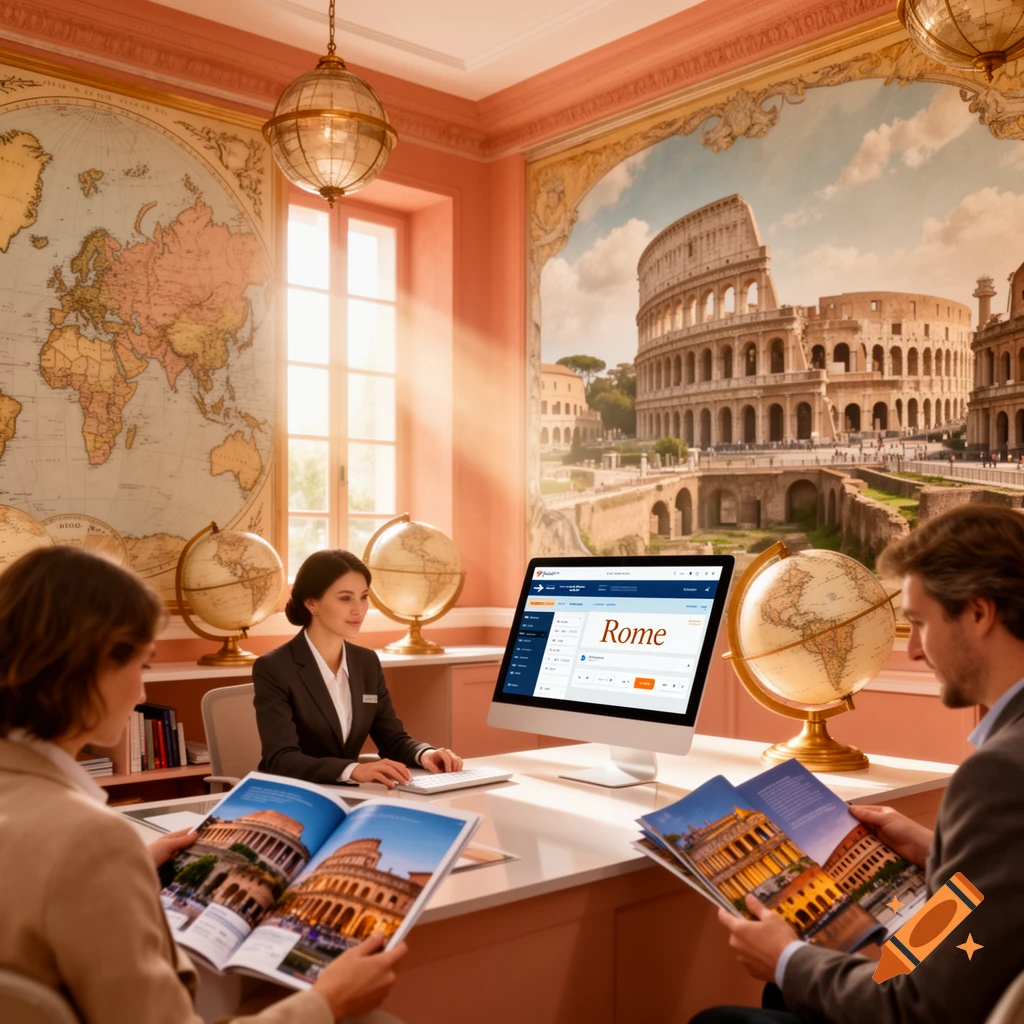 Three people in a travel agency office with a world map and a mural of the Colosseum. An agent works at a computer showing 'Rome' while two clients read travel brochures.