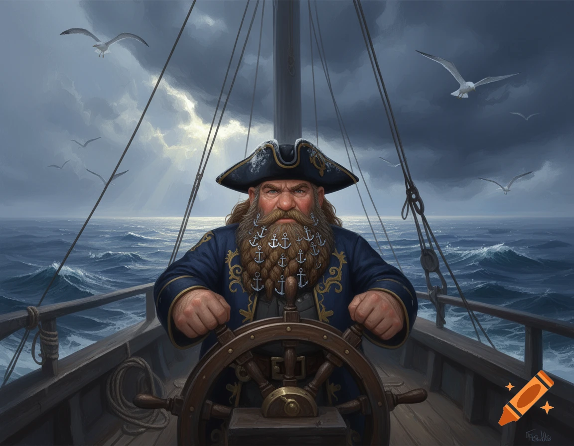 A burly dwarf pirate with an anchor-adorned beard steers a ship through a stormy sea, with gulls flying.