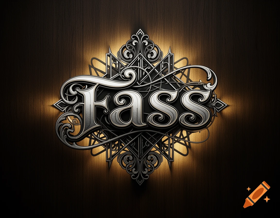 Ornate metallic FASS text with decorative silver flourishes glows against a dark wooden background.