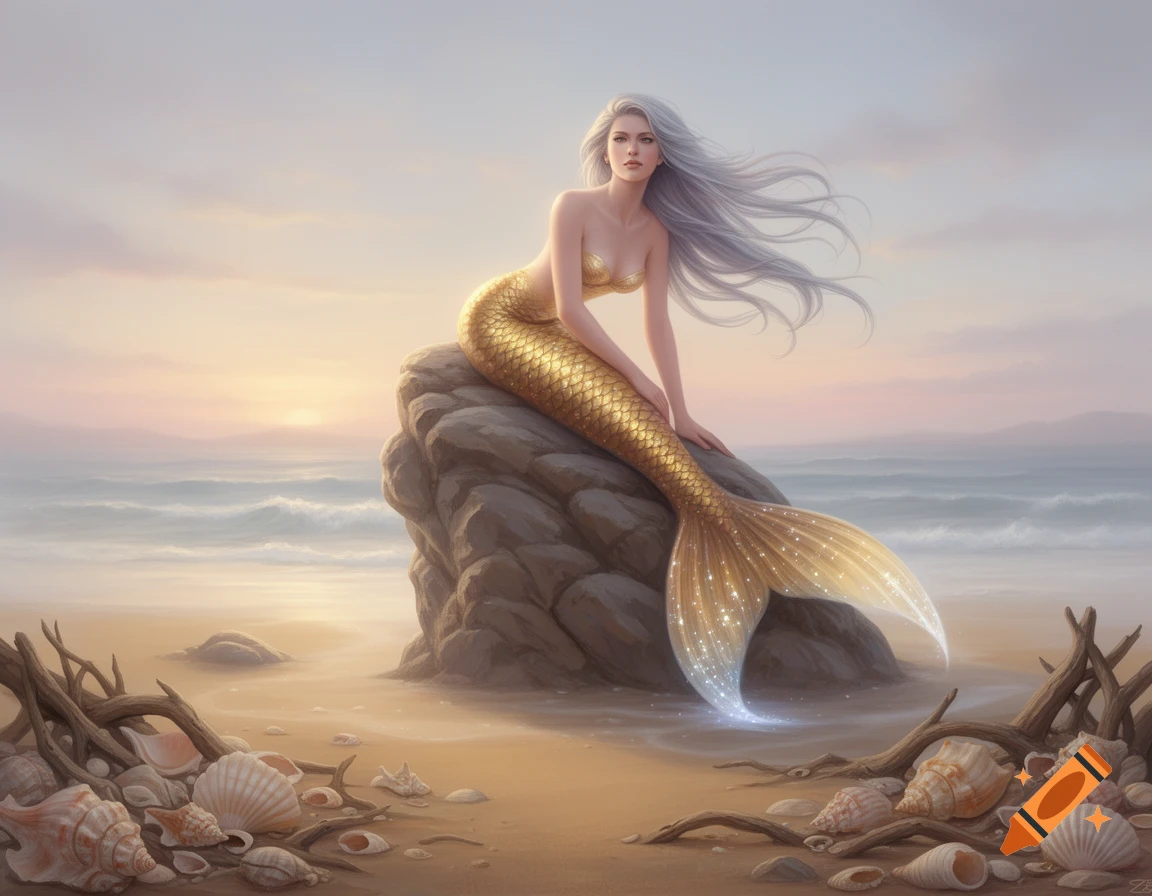 A beautiful mermaid with silver hair and a sparkling golden tail sits on a rock on a sandy beach at sunset.