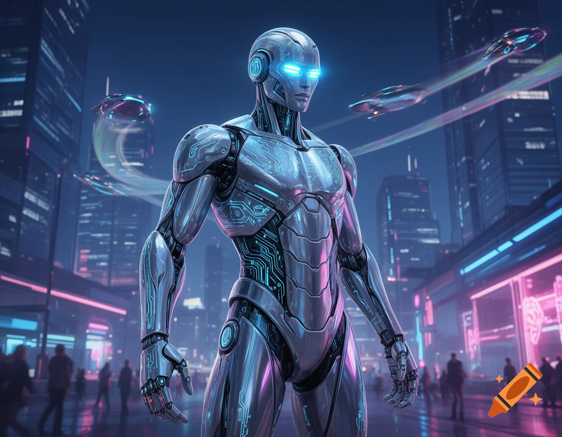 A humanoid robot with glowing blue eyes and circuit patterns stands in ...