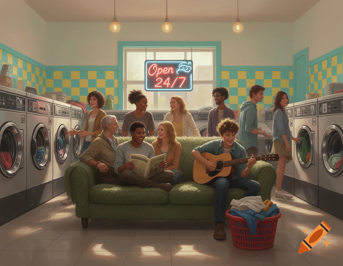 A group of diverse people socializing in a laundromat. Some are doing laundry, others are relaxing on a couch, with one playing guitar and another reading a newspaper.