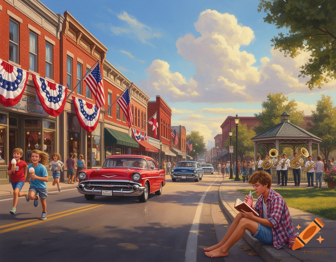 A vibrant painting of a bustling small American town street adorned with flags and bunting. Children run with ice cream, a red vintage car drives by, a boy reads a book on the curb, and a brass band plays in a gazebo.