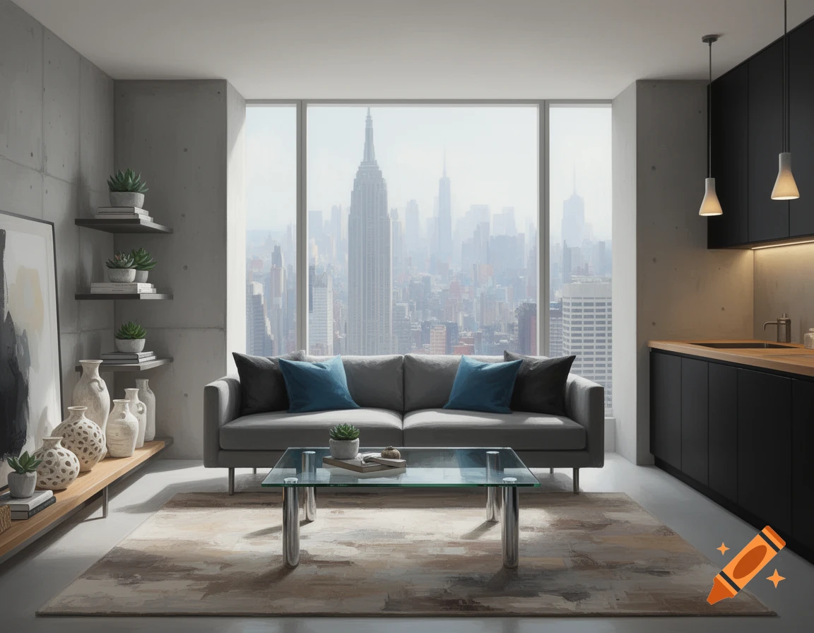 Modern apartment living room with a gray sofa, glass coffee table, and ...