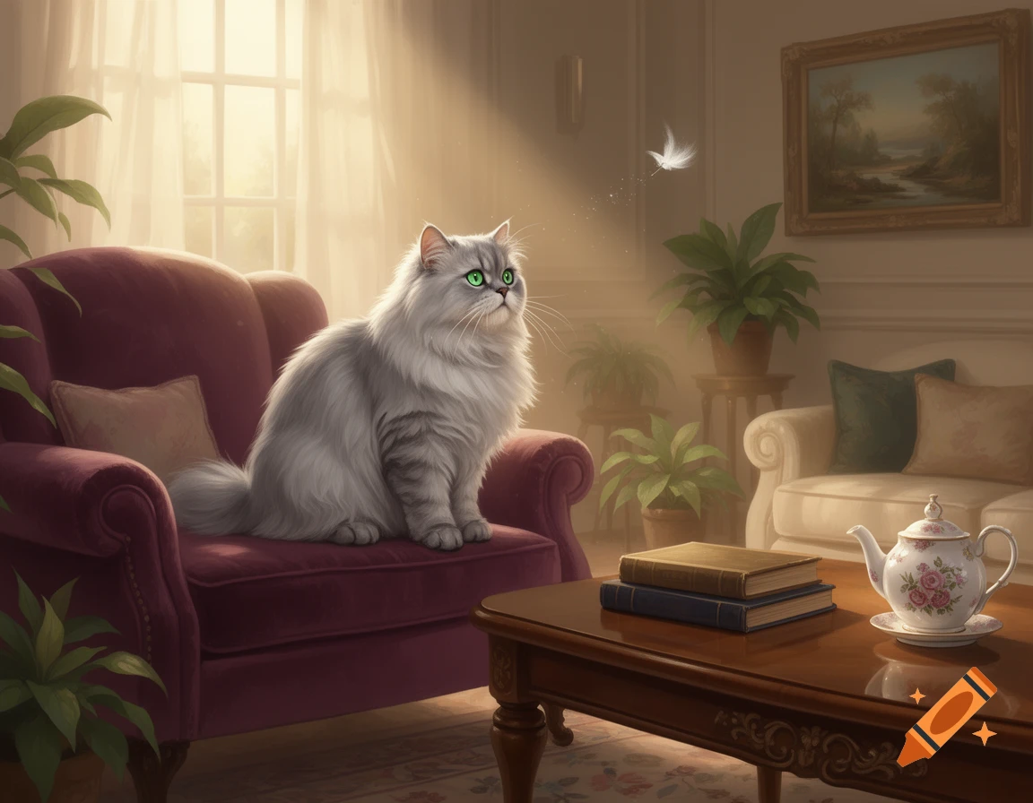 A fluffy silver cat with bright green eyes sits on a plush purple armchair in a sunlit elegant living room, looking up at a white feather.