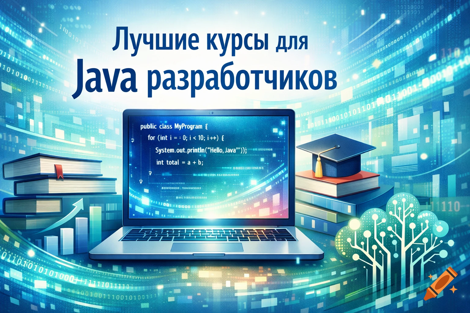 A laptop displaying Java code, flanked by stacks of books and a graduation cap, with a digital background of binary code and circuit patterns.