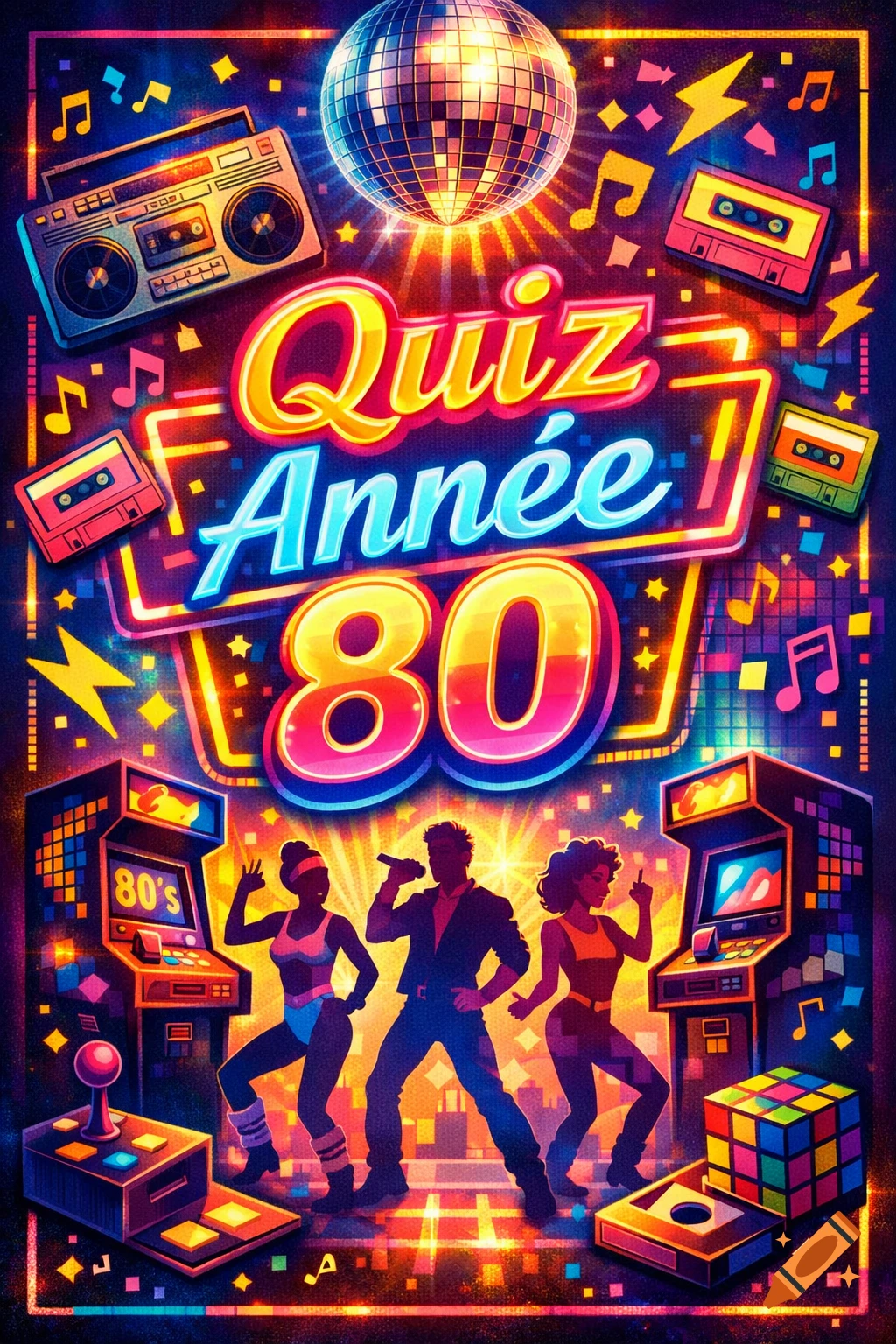 A vibrant 80s retro poster with a disco ball, boombox, cassette tapes, arcade games, and silhouetted figures dancing and singing, with 'Quiz Année 80' text.