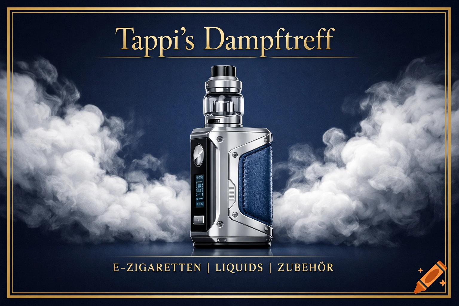 A premium advertising banner featuring a silver and blue vape device surrounded by white clouds on a deep navy background with gold text.