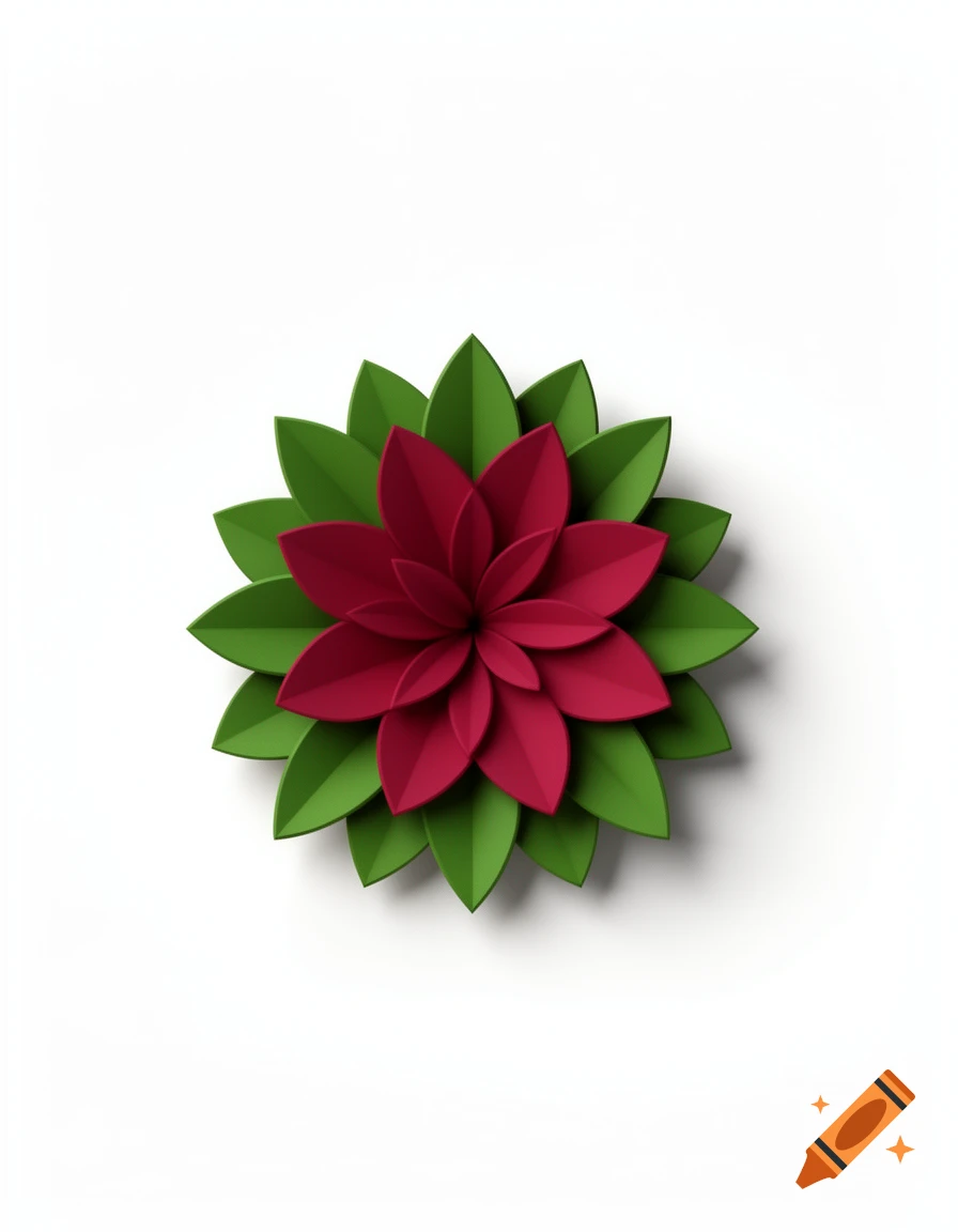 A vibrant red paper-cut style flower with green leaves, rendered in 3D on a white background.