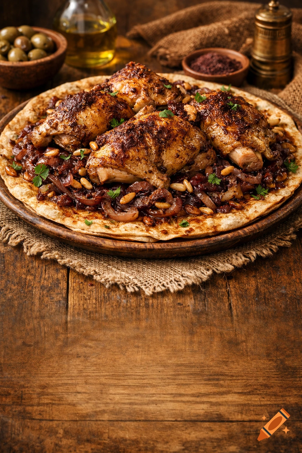 Photorealistic Musakhan: chicken, sumac onions, and pine nuts on flatbread on a rustic wooden table with olives and oil.