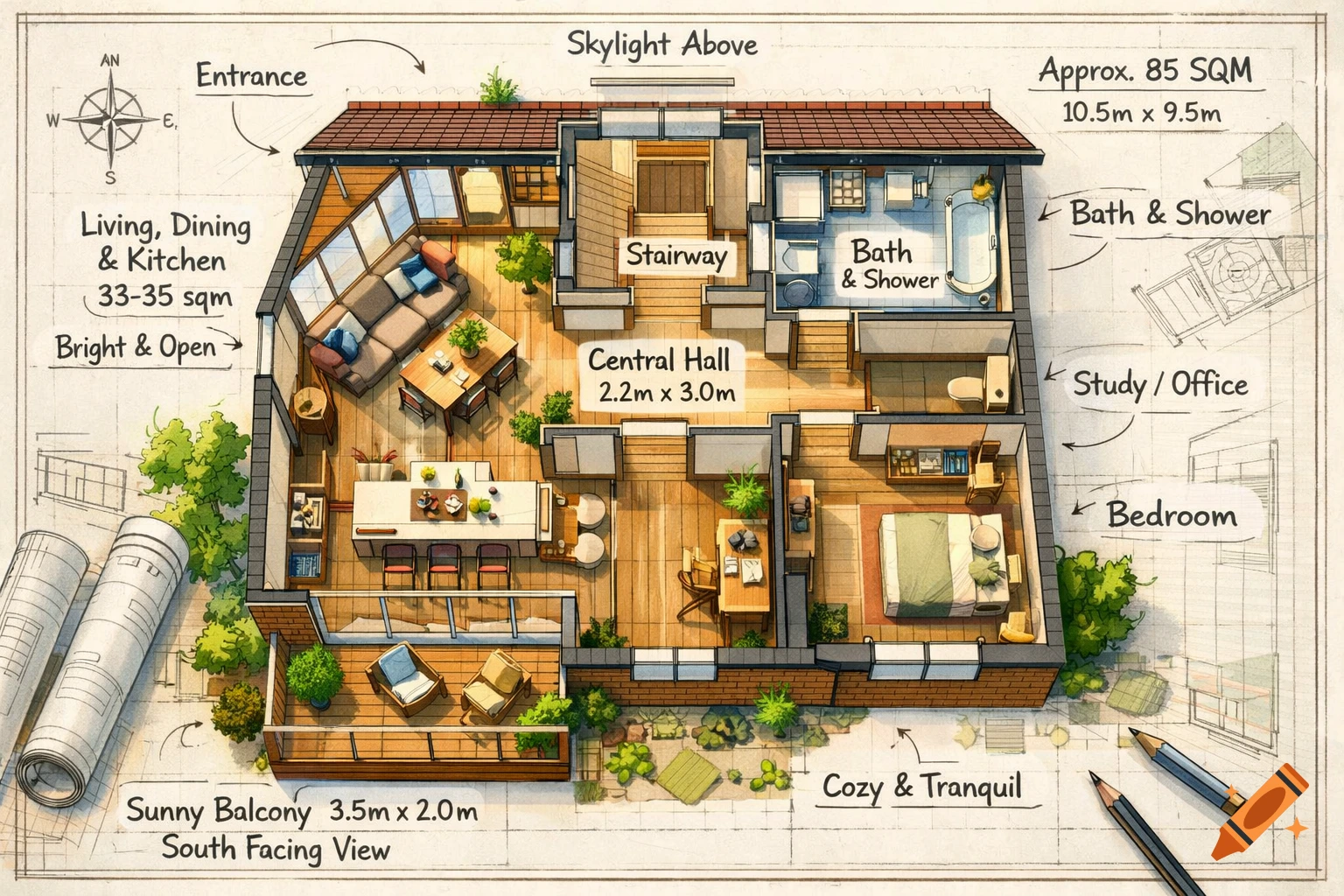 Detailed architectural floor plan drawing of a home, showing labeled rooms like living, dining, kitchen, bedroom, bath, and balcony, with dimensions and a compass rose, on a grid paper background.