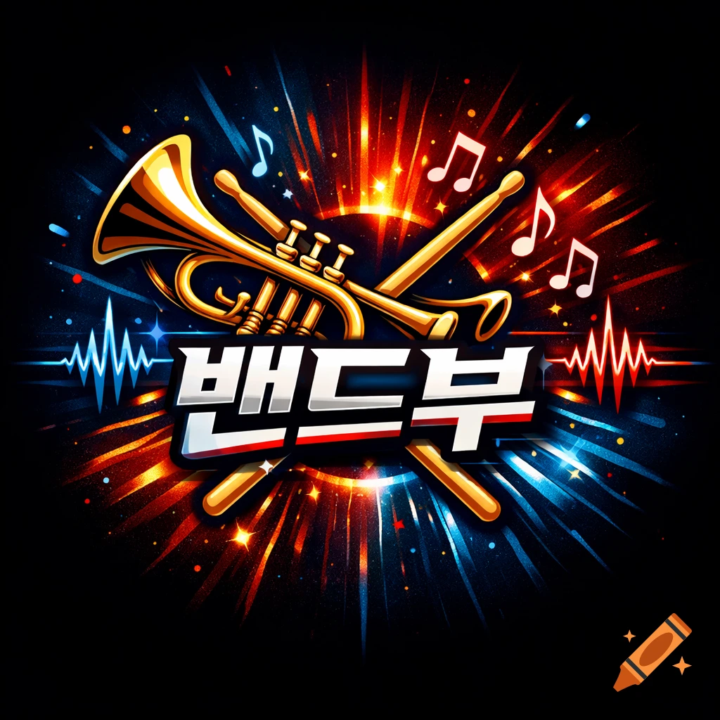 Golden trumpet and drumsticks with musical notes over a vibrant, explosive red and blue background, with Korean text '밴드부'.