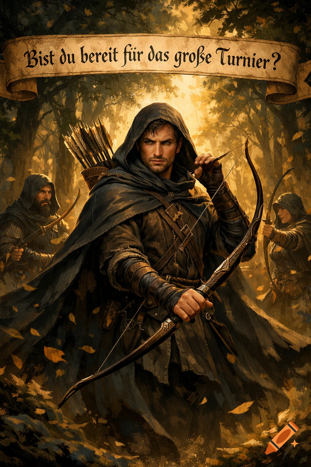 A hooded archer in a dark cloak, holding a bow and arrow in a sunlit forest with other archers. A banner reads 'Bist du bereit f r das gro e Turnier?'