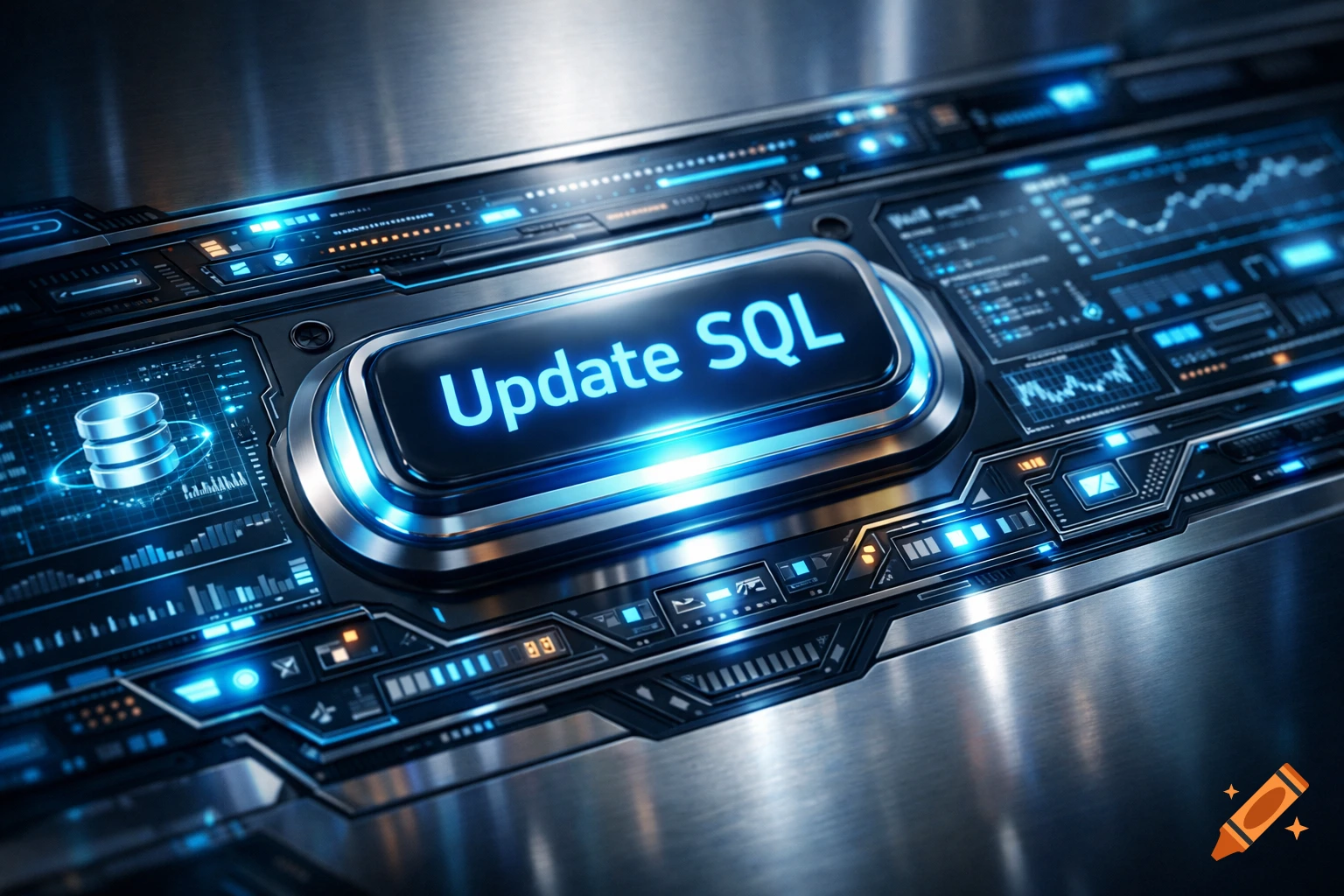 A glowing blue 'Update SQL' button on a futuristic metallic interface with data visualizations and a database icon.