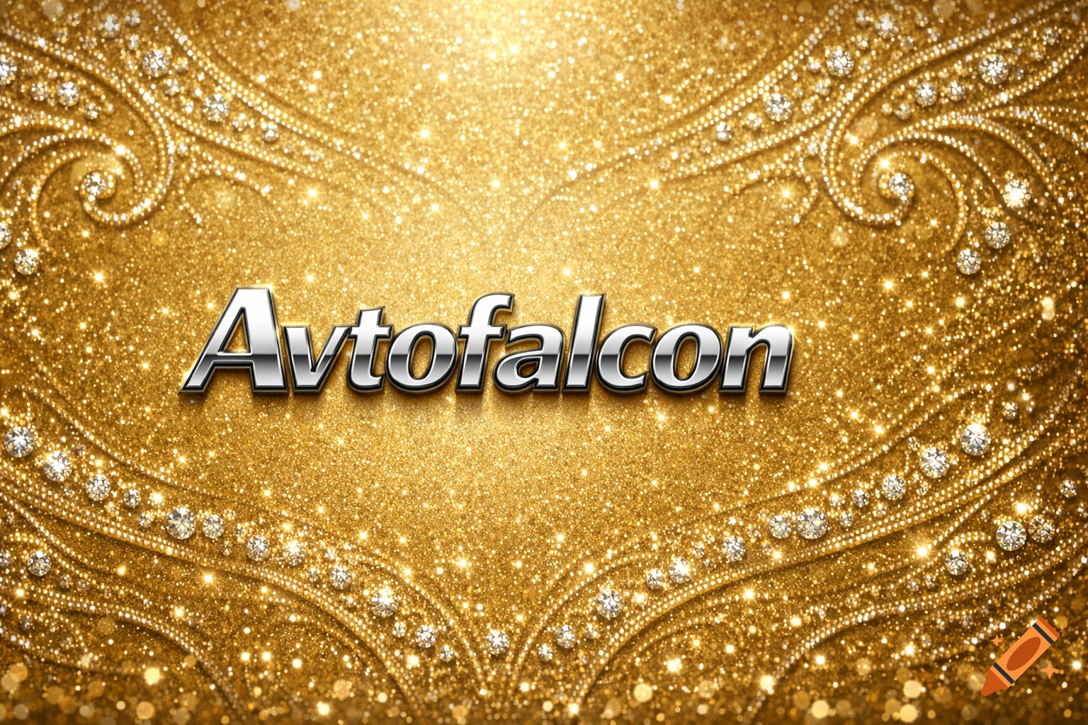 Metallic 3D text 'Avtofalcon' on an elegant, shimmering gold background with sparkling diamonds.