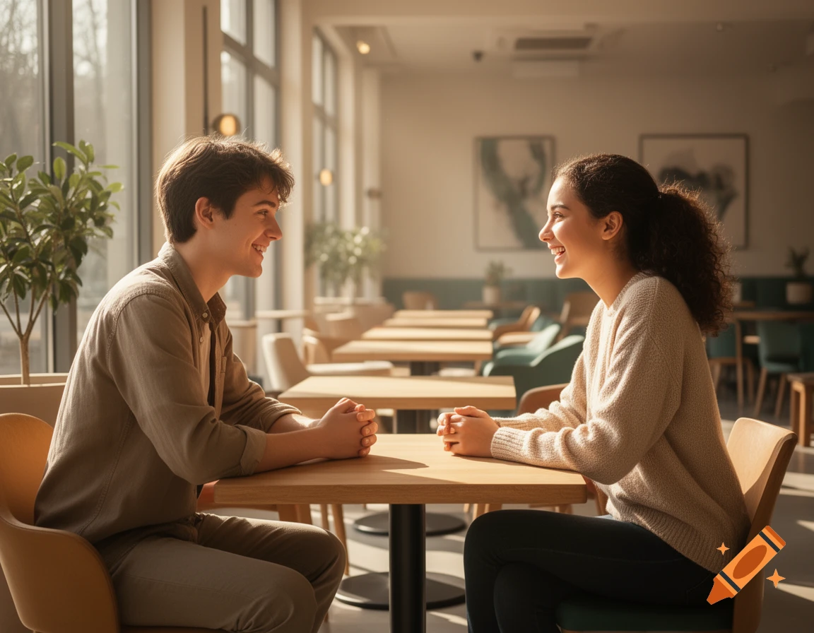 Two young friends sit face to face, smiling warmly and talking in a bright, photorealistic cafe setting.