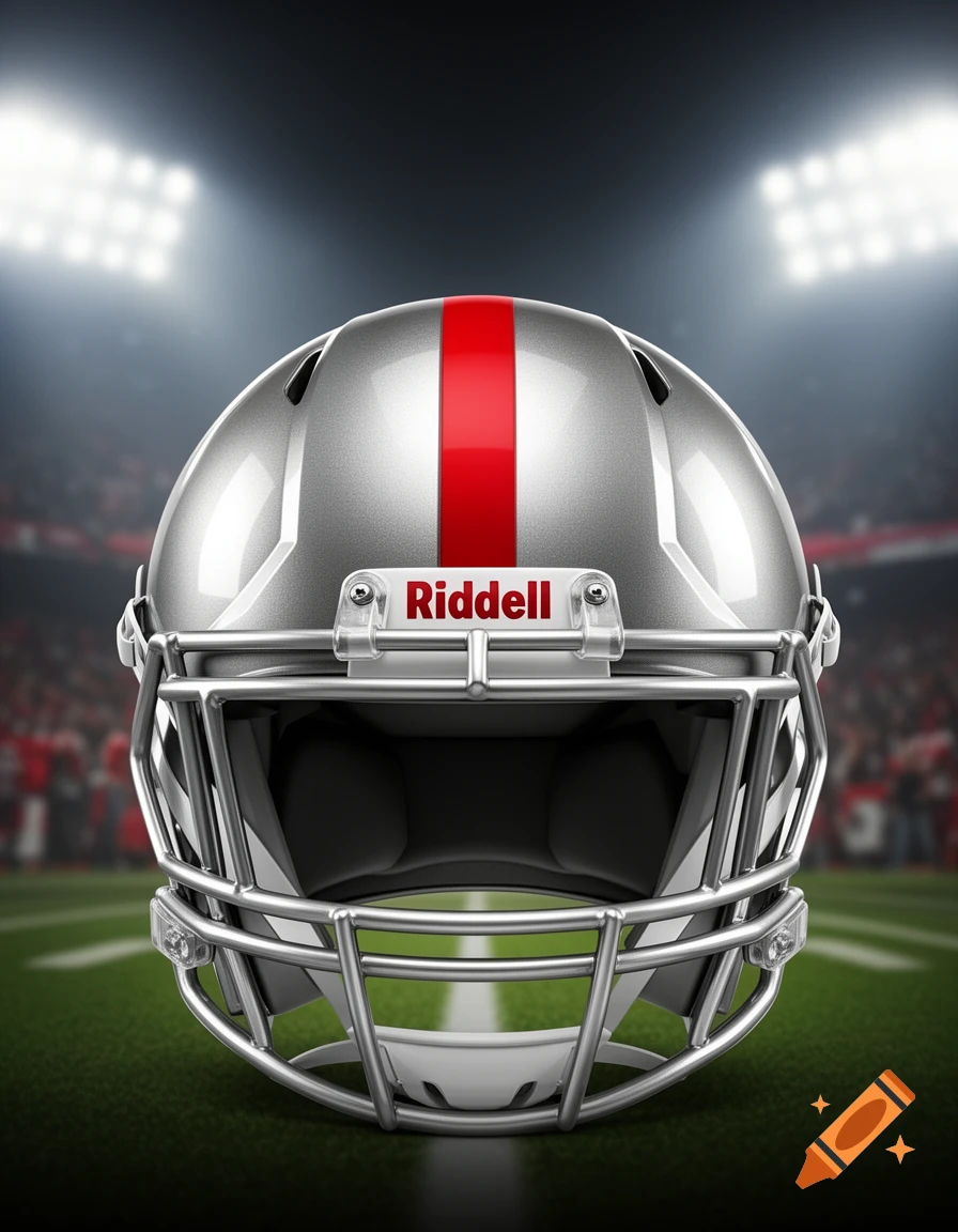 Photorealistic silver football helmet with a red stripe and Riddell logo, set on a blurred football field at night with stadium lights.