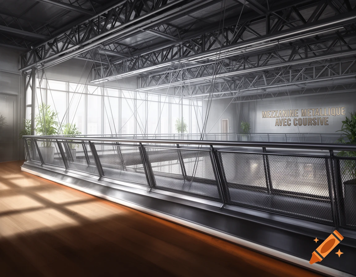 A photorealistic image of a modern industrial mezzanine with a metal railing, large windows, and the text 'MEZZANINE METALLIQUE AVEC COURSIVE' on a far wall.