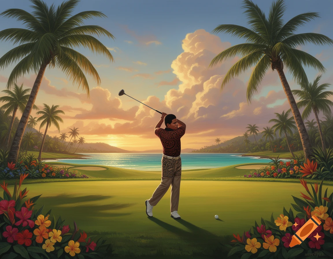 A man plays golf on a green course surrounded by palm trees, colorful flowers, and a tropical ocean at sunset.