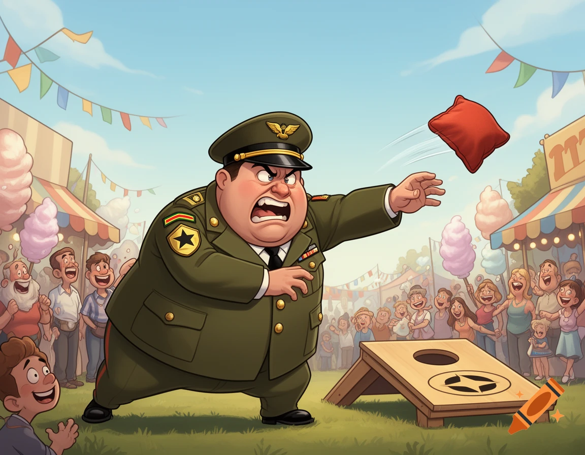 An angry, overweight cartoon military man throws a red beanbag at a cornhole board in a bustling fairground.