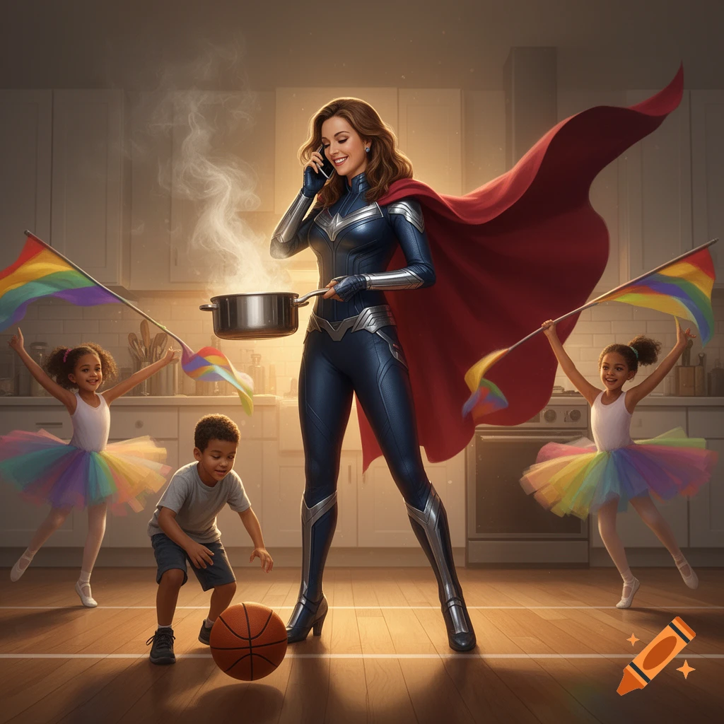 A superhero mom in a blue suit and red cape cooks and talks on the phone while her son plays basketball and her two daughters in tutus wave rainbow flags in a kitchen.
