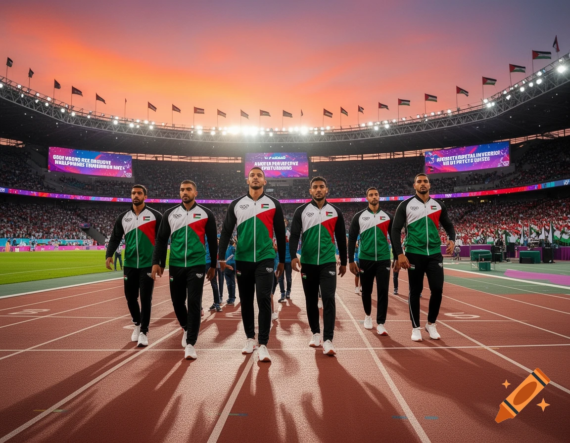Six male athletes wearing green, red, and black tracksuits with Palestinian flags and Olympic rings walk on a red running track in a large stadium at sunset, with a crowd and screens in the background.