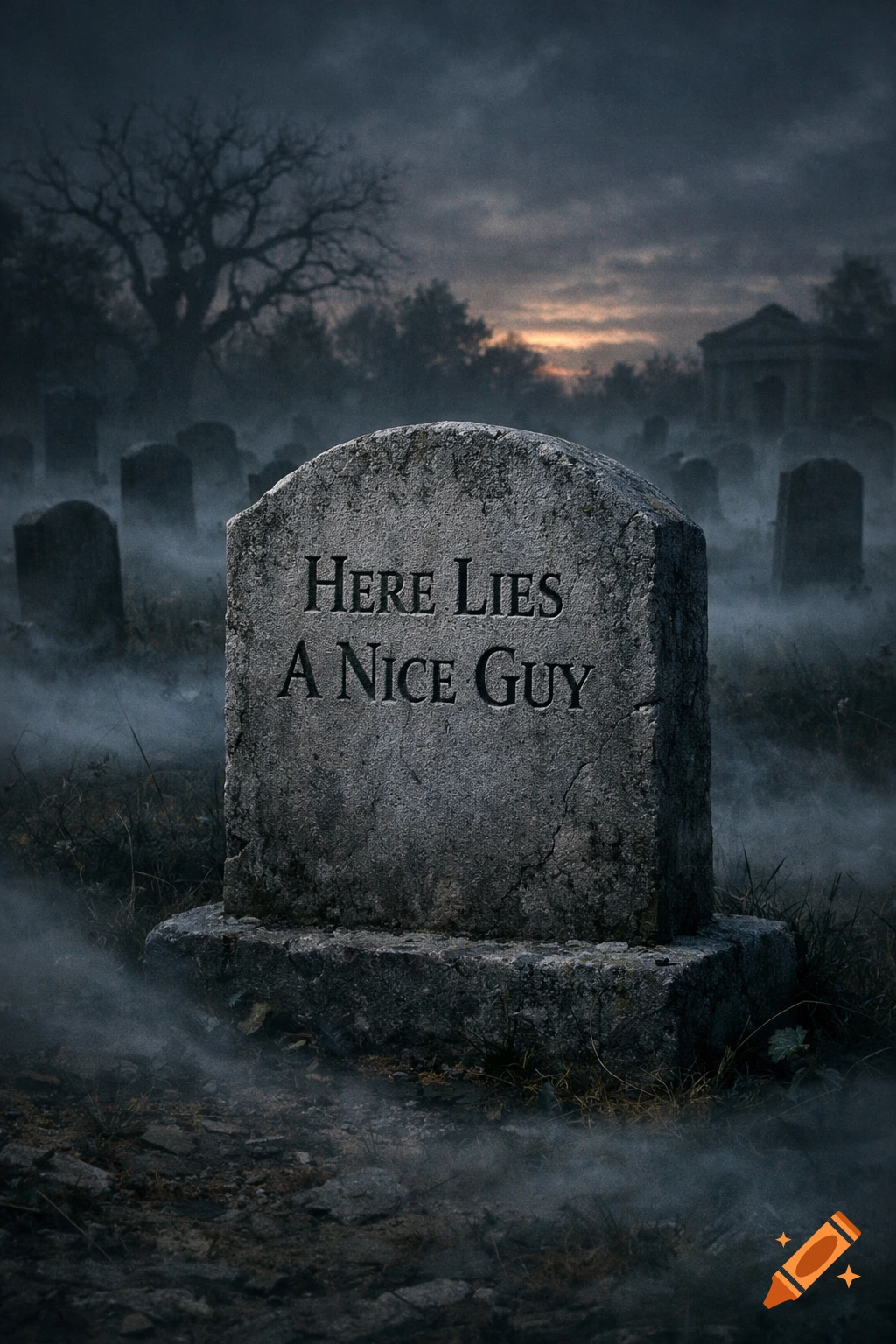 A weathered stone tombstone engraved with "Here Lies A Nice Guy" in a foggy, dark graveyard at dusk.