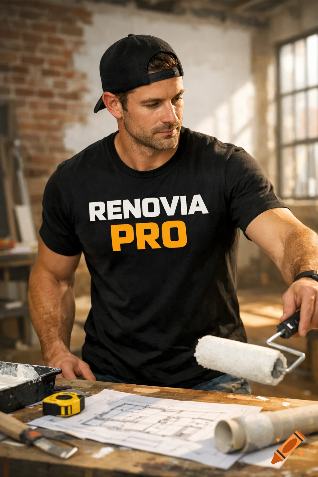Photorealistic image of a man in a black 'RENOVIA PRO' t-shirt holding a paint roller over blueprints in a workshop.