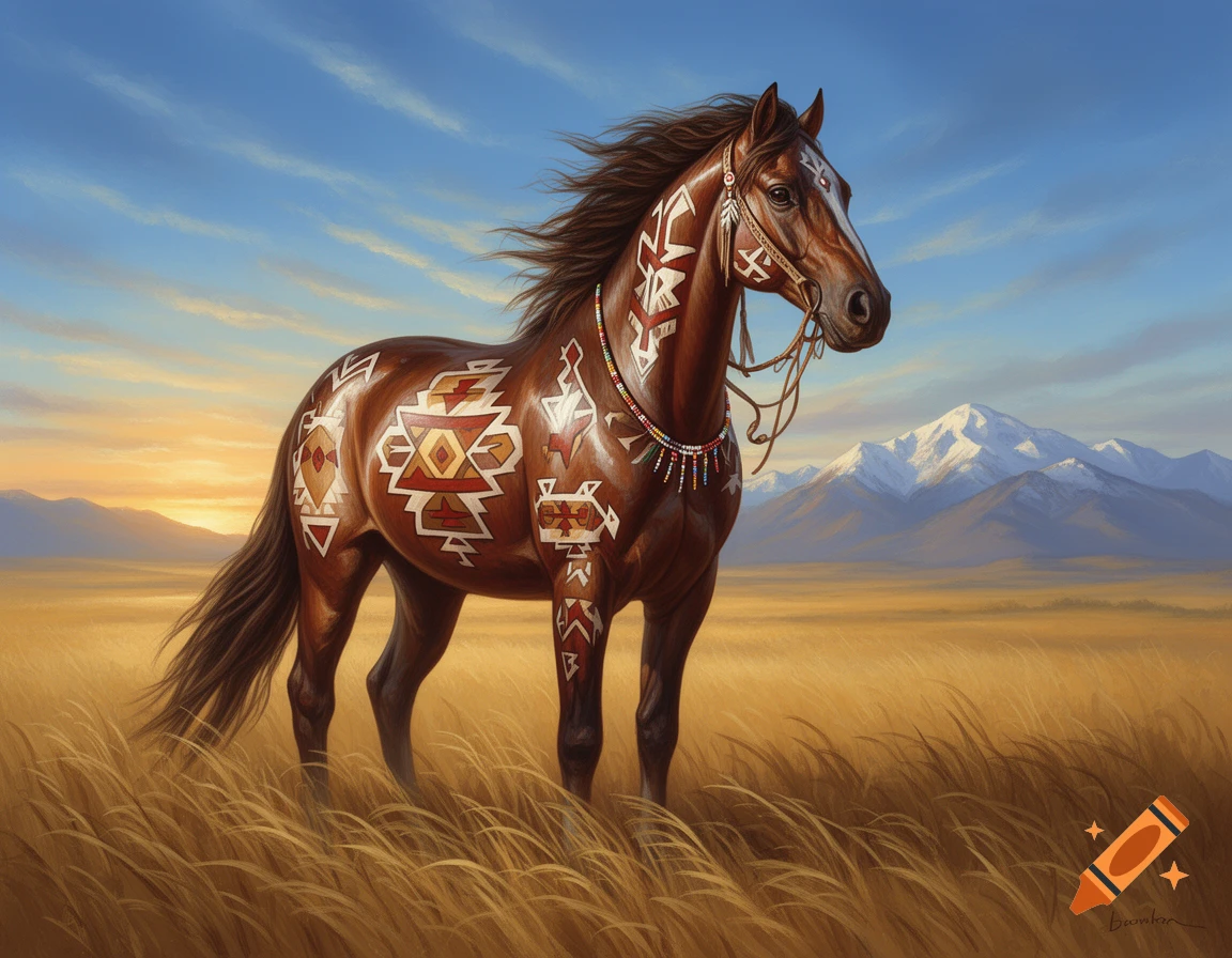 A brown horse decorated with colorful Native American symbols stands in a grassy field with mountains and a sunset sky.