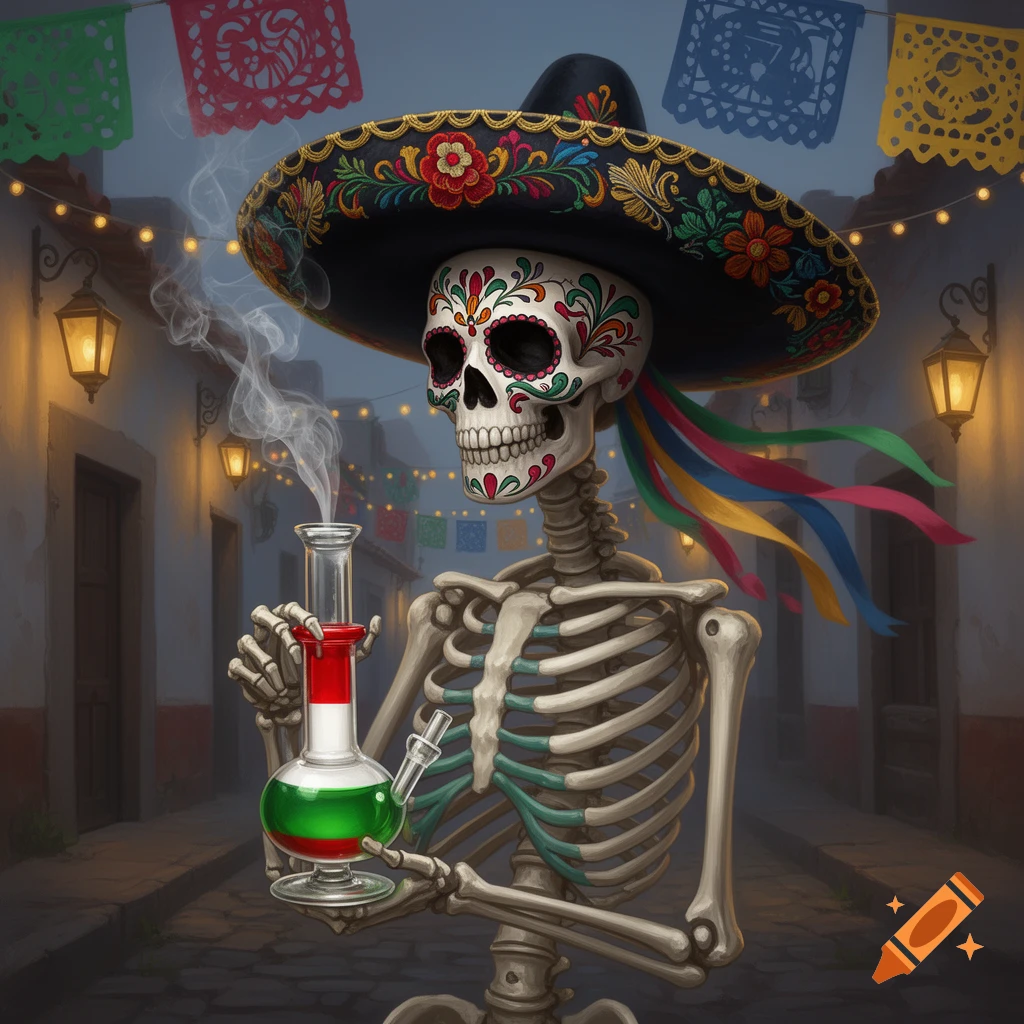 A stylized skeleton with a sugar skull face and a sombrero holds a red, white, and green bong with smoke rising in a festive street.
