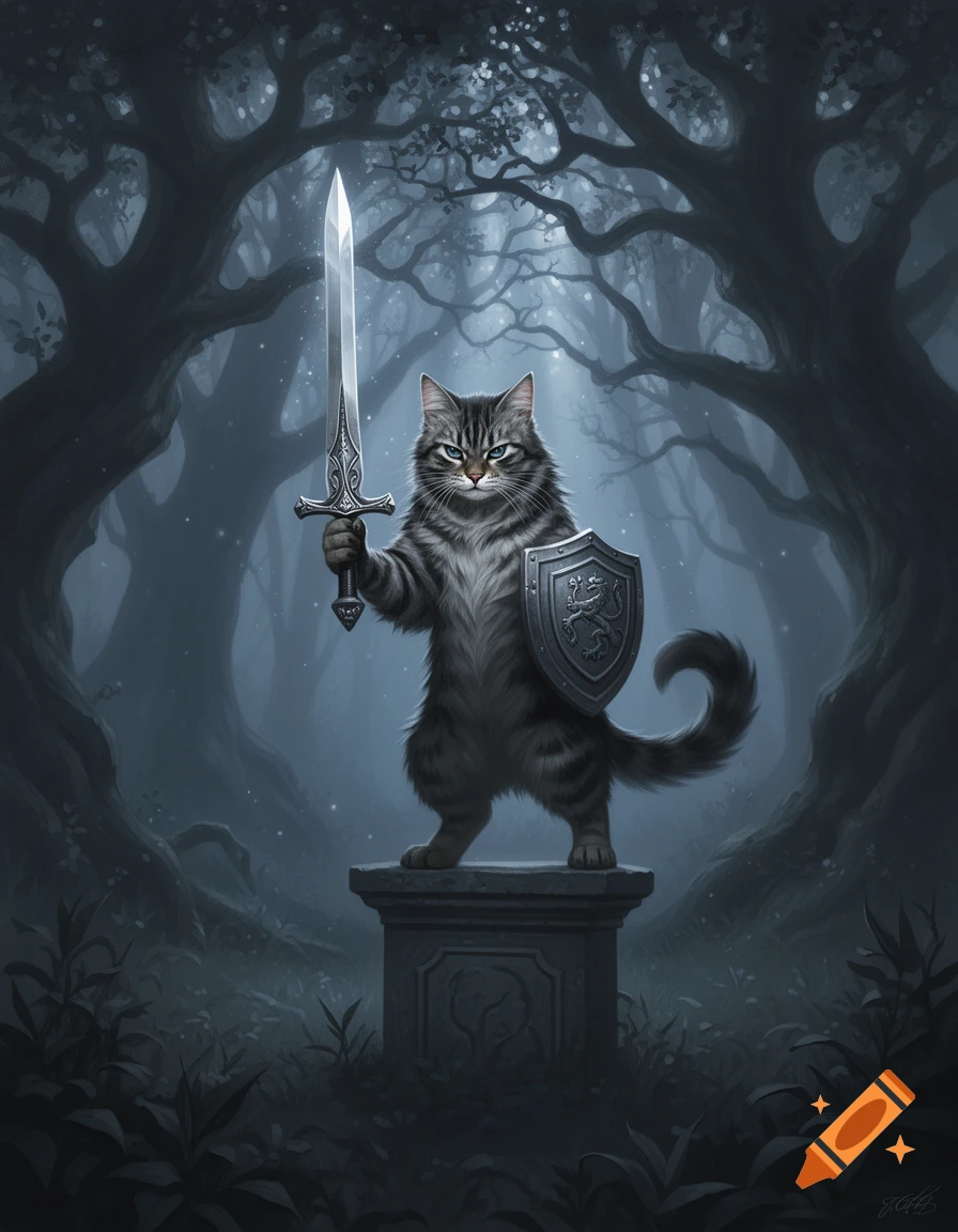 A majestic tabby cat knight stands on a pedestal in a dark, mystical forest, holding a sword and shield.