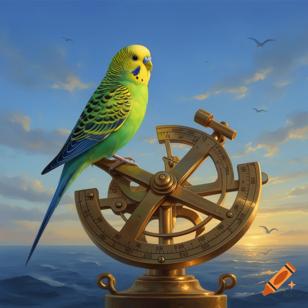 A vibrant green and yellow budgerigar perches on a brass sextant, looking over a calm ocean at sunrise or sunset under a partly cloudy sky. Birds fly in the distance.