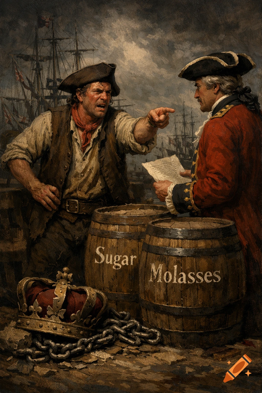A detailed painting of a colonial merchant angrily confronting a British tax collector, with barrels labeled 'Sugar' and 'Molasses' and ships in the background. A broken crown and chains lie in the foreground.