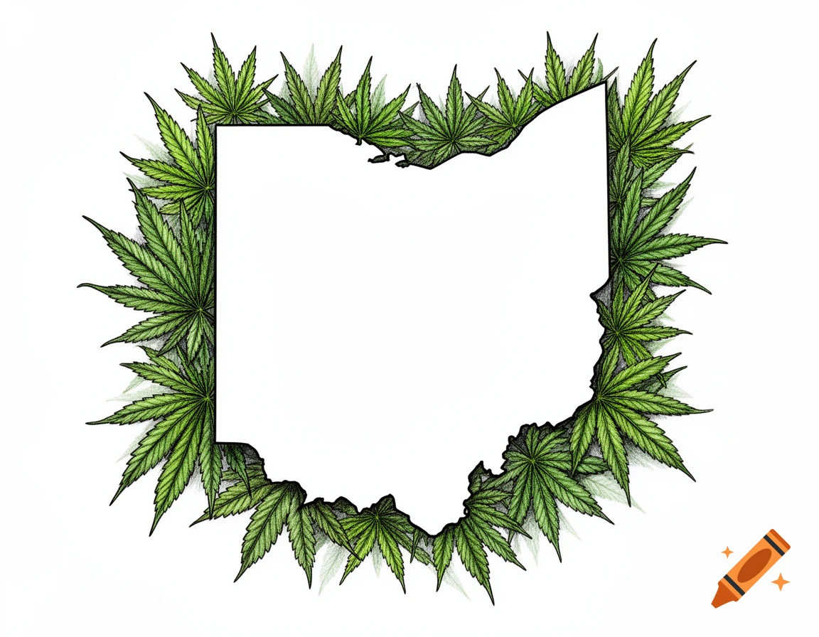 Outline map of Ohio surrounded by a border of green marijuana leaves in a sketch style.