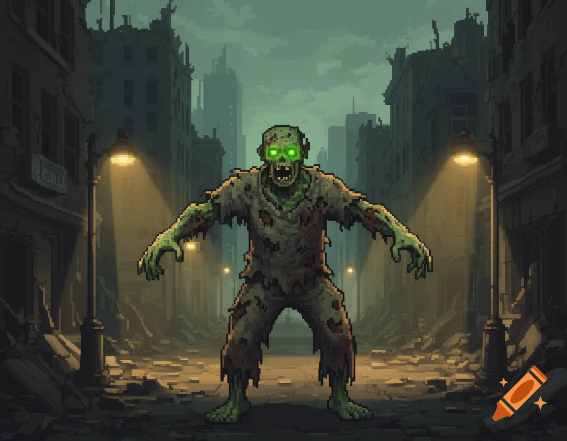 A pixel art zombie with glowing green eyes stands in a desolate, ruined city street under a dim, green sky.