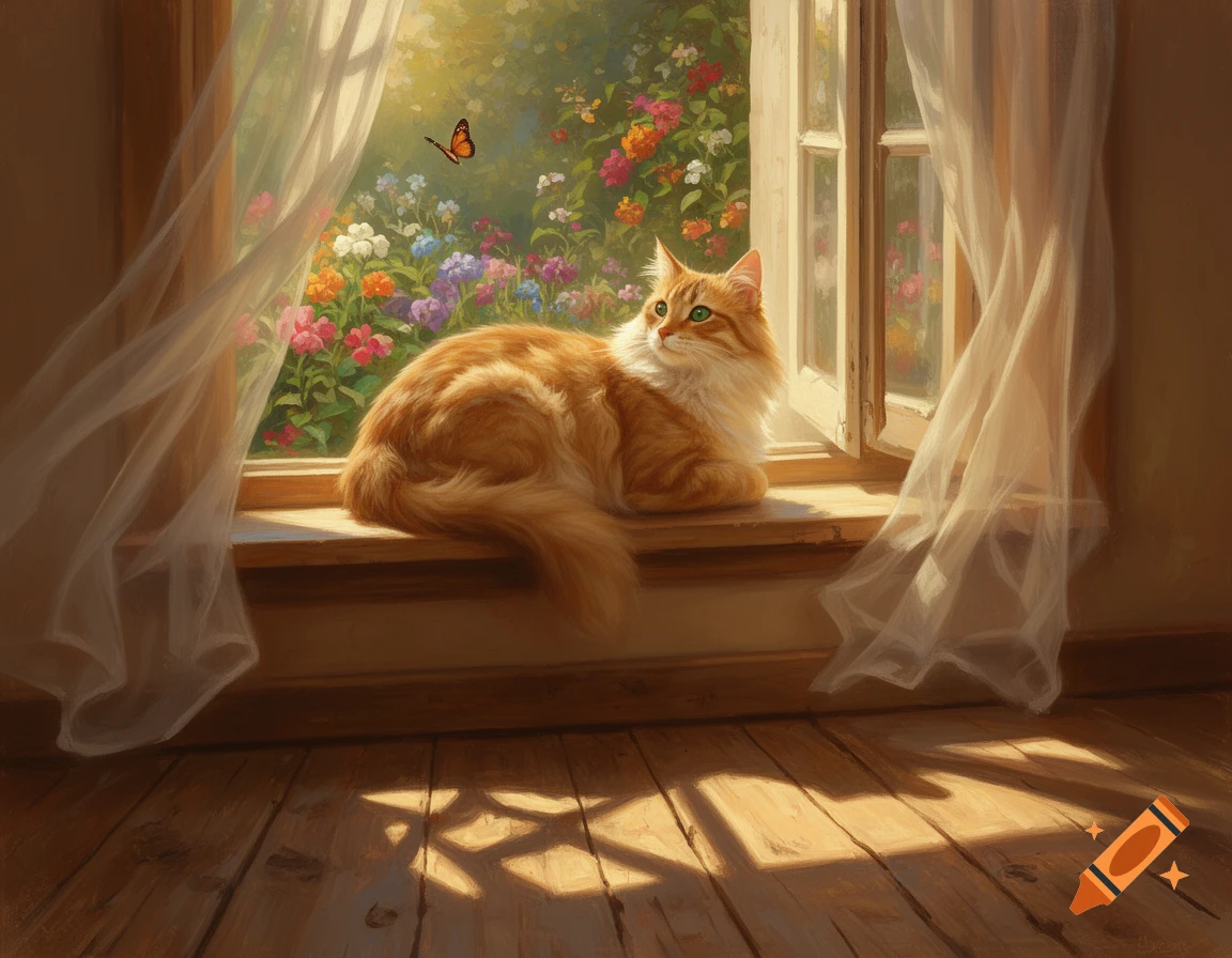 An orange and white cat sits on a sunlit windowsill, looking at a ...