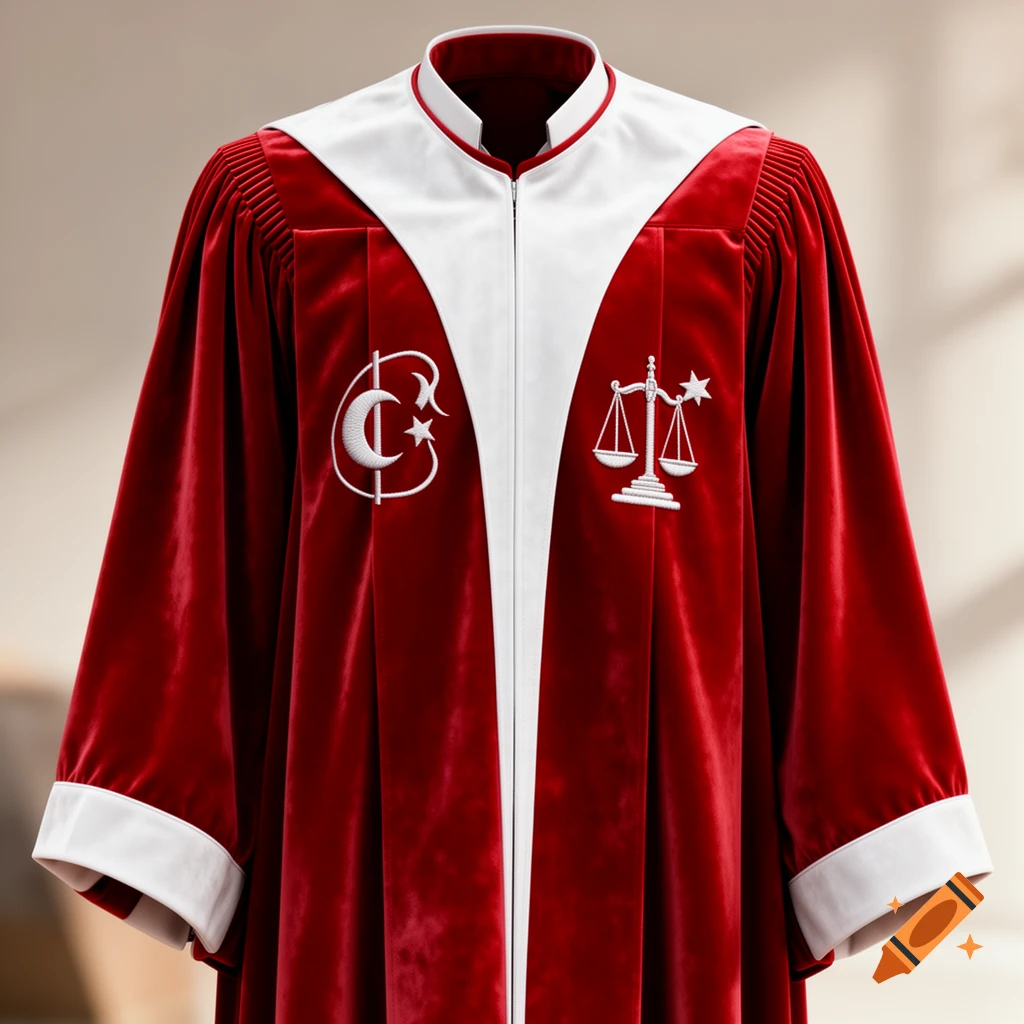 Red velvet professional robe with white accents and embroidered crescent moon, star, and scales symbols.