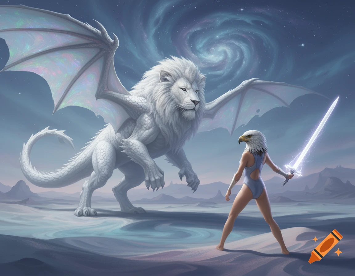 A hawk-headed warrior in a swimsuit with a glowing sword faces a white lion-headed dragon on a desolate alien planet under a cosmic sky.